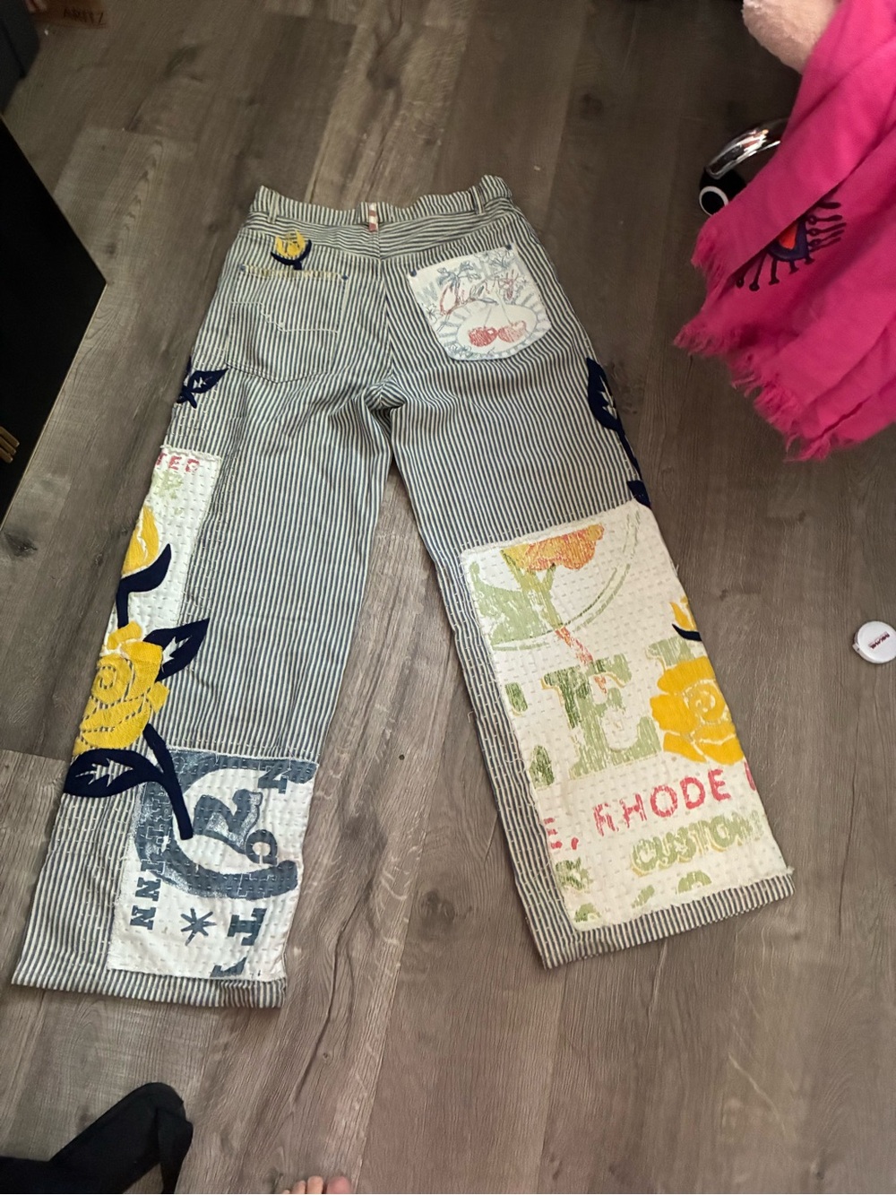 Free People Honeybutter Striped Wide Leg Jeans with Yellow & Navy Floral Print - Picture 3 of 11